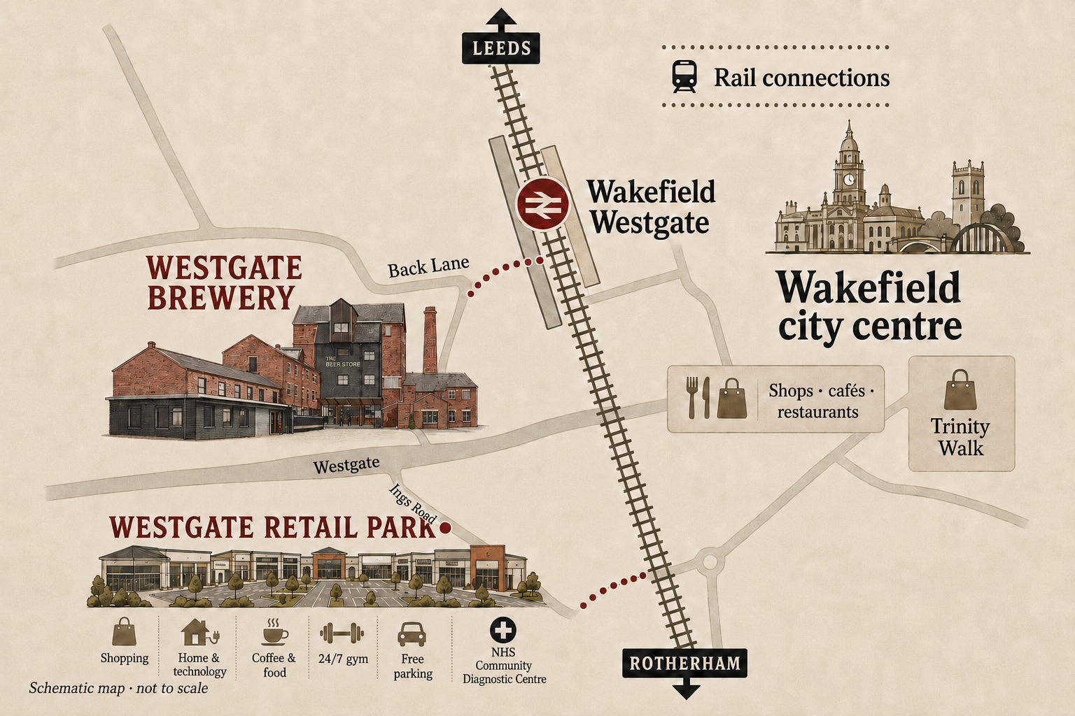 Schematic map showing Westgate Brewery beside Wakefield Westgate station and Westgate Retail Park, close to Wakefield city centre and Trinity Walk, with rail connections to Leeds and Rotherham