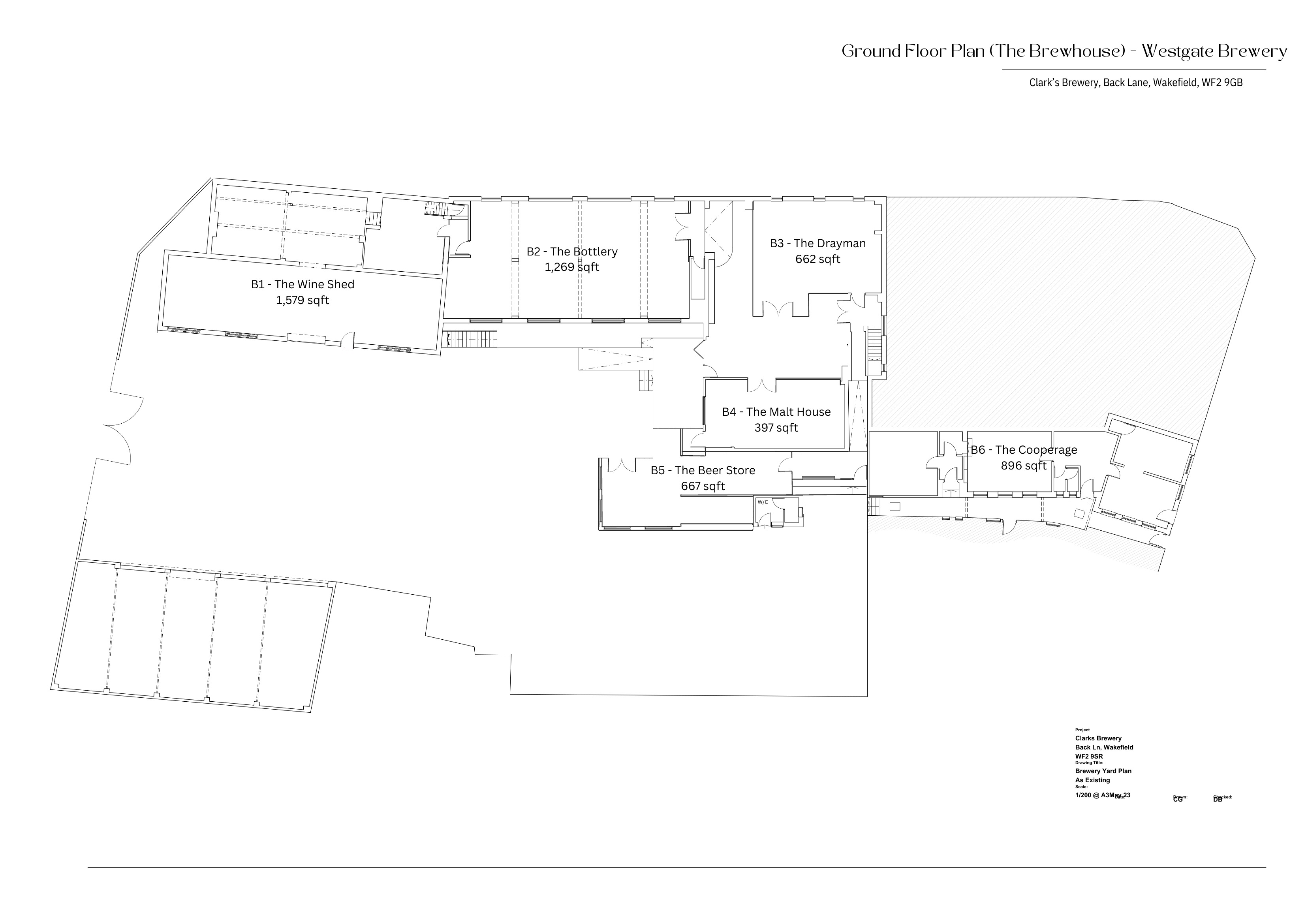 Revised ground-floor plan of The Brewhouse showing six commercial units, B1 to B6
