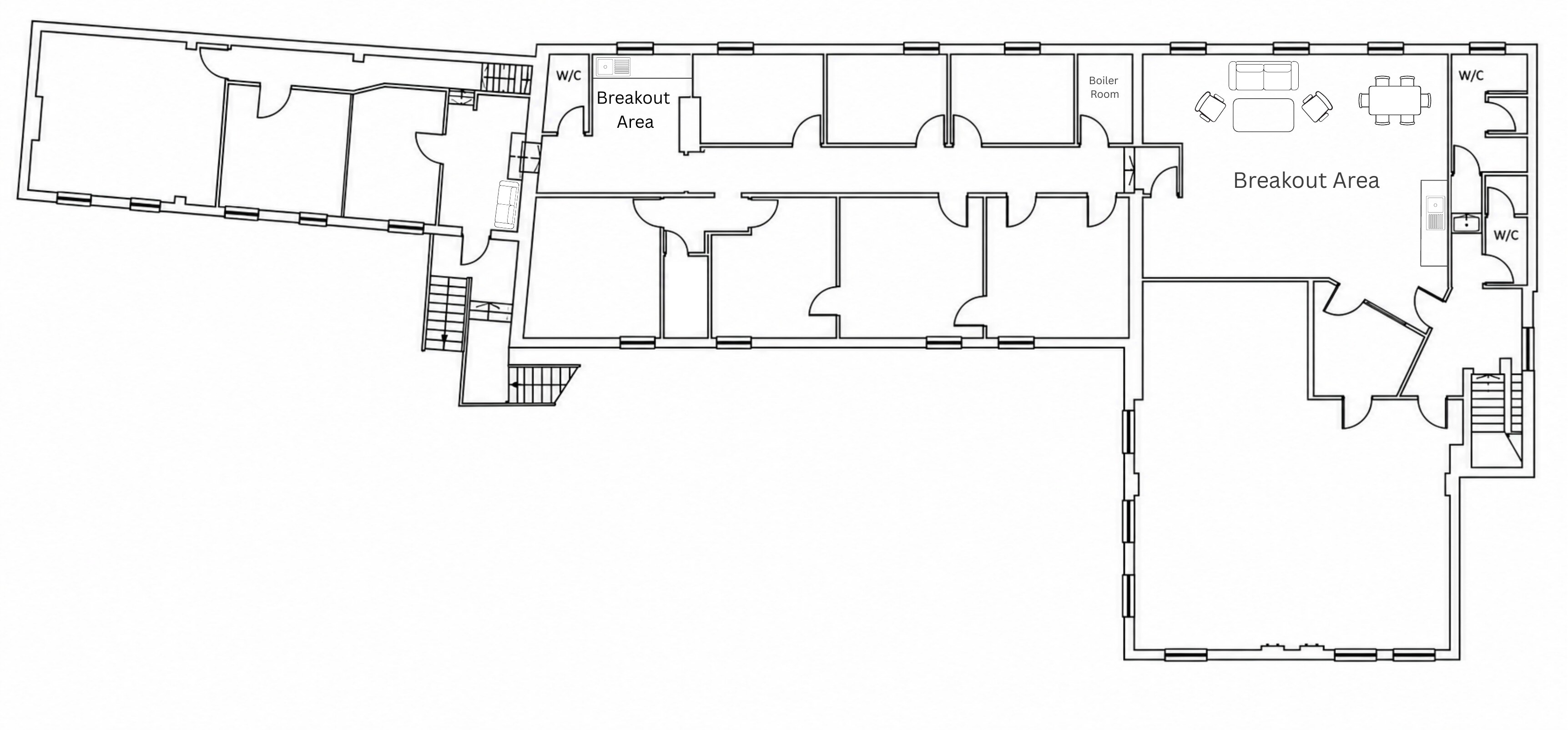 First-floor overview of The Grain Loft showing eleven offices and shared breakout and W/C facilities