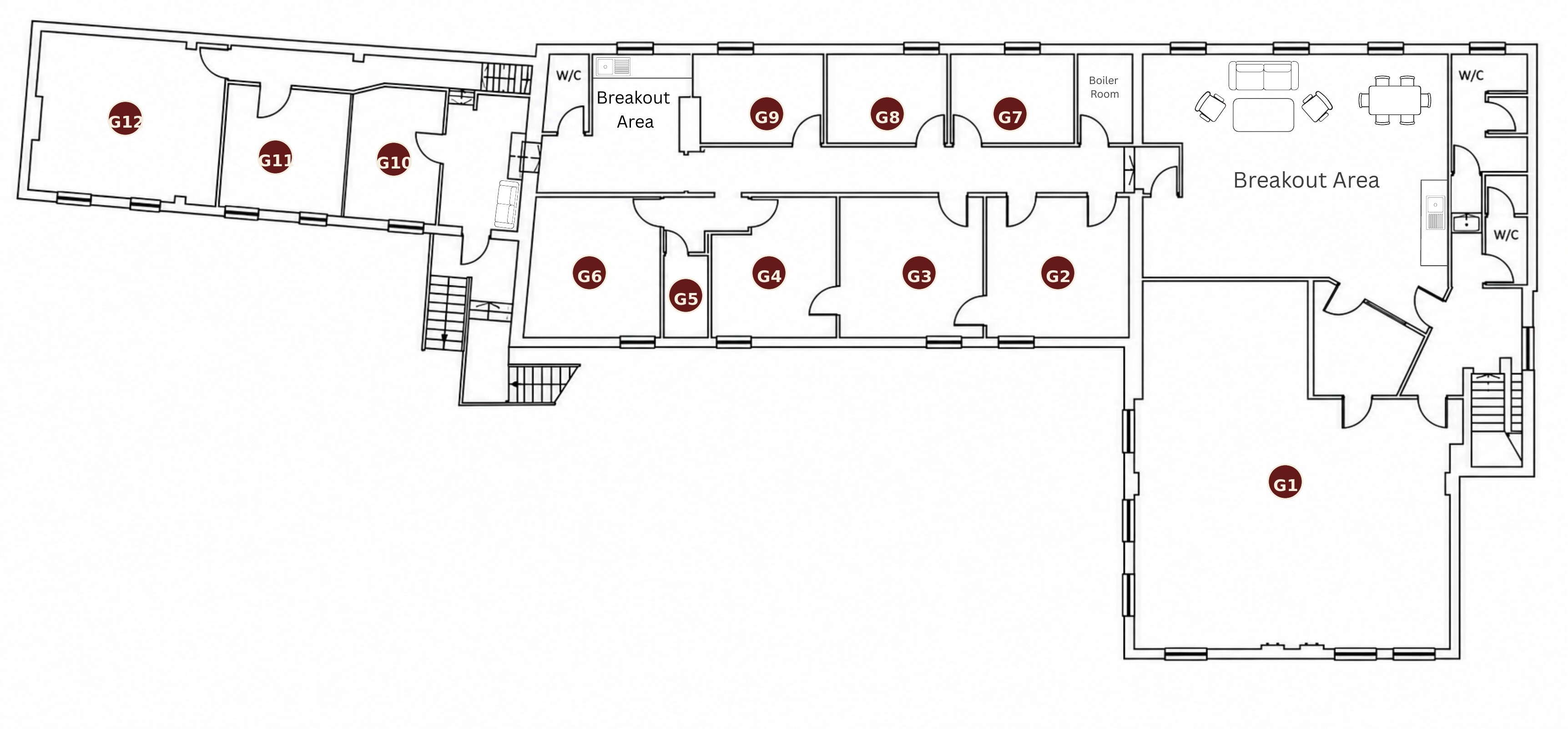 Corrected first-floor overview of The Grain Loft labelling twelve offices, G1 to G12, with shared breakout and W/C facilities