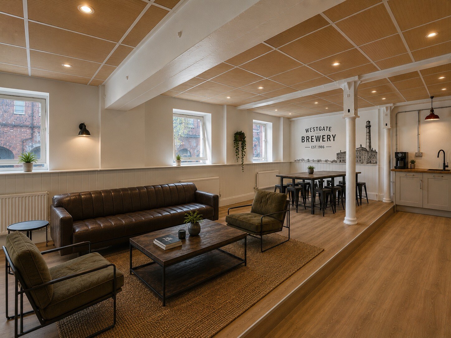 Furnished communal breakout area at Westgate Brewery