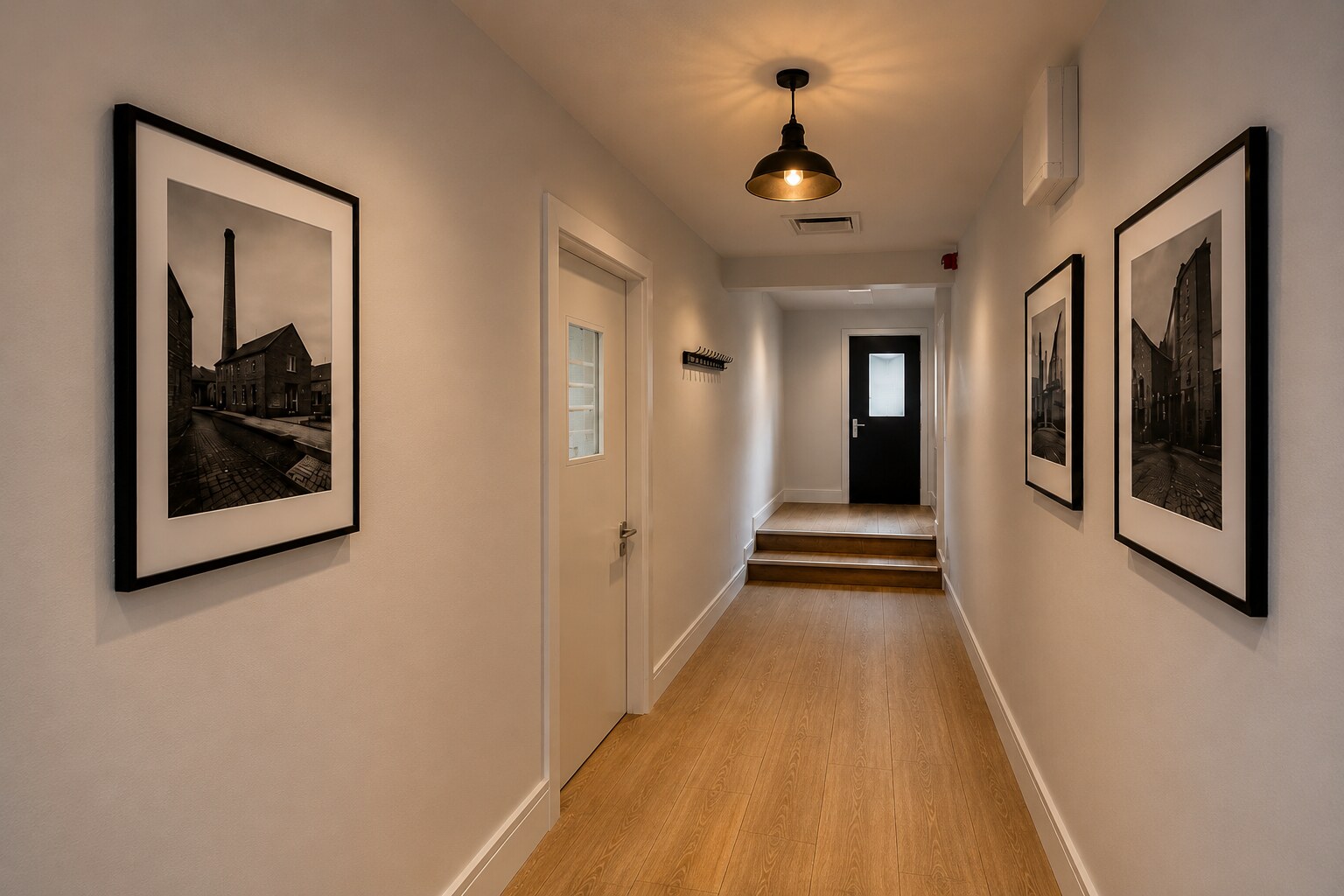 Landscape view of a finished internal hallway
